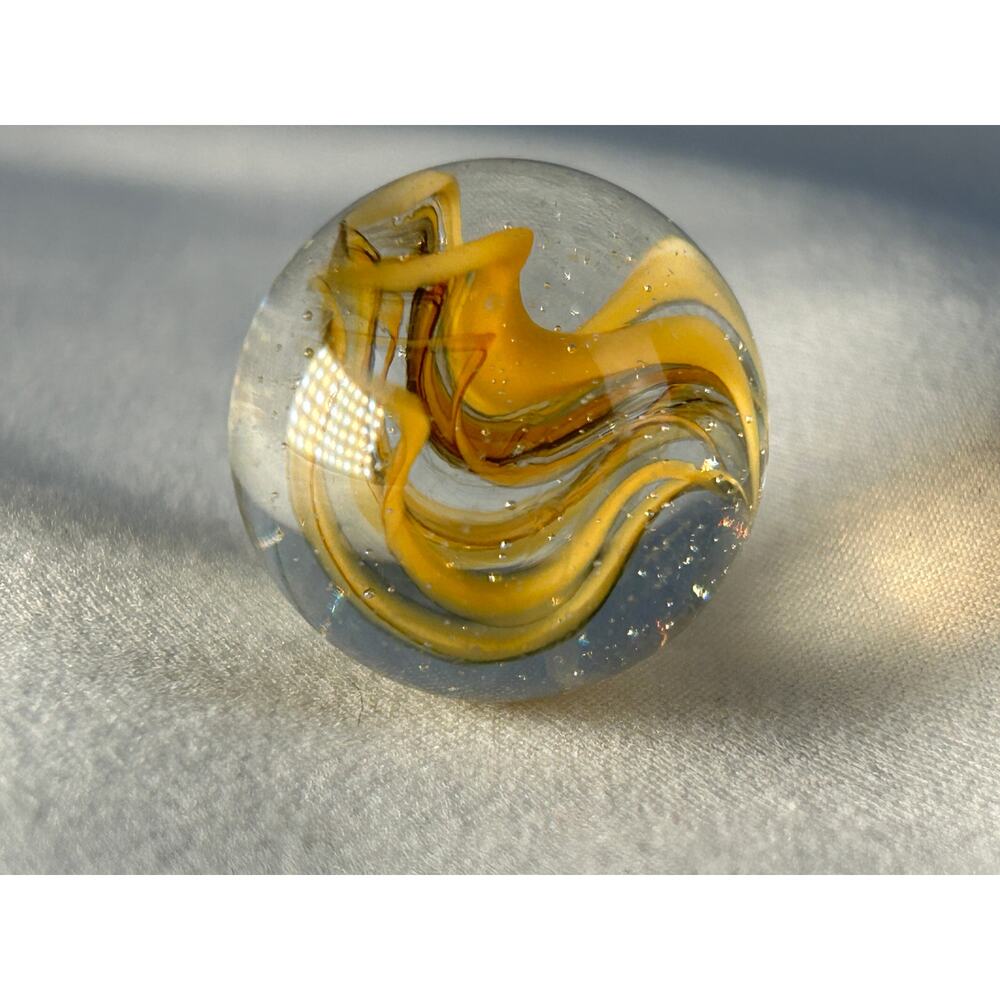 Handmade Art Glass Marble Yellow Ribbon Swirl Clear Base 0.95 Inch - Picture 2 of 5